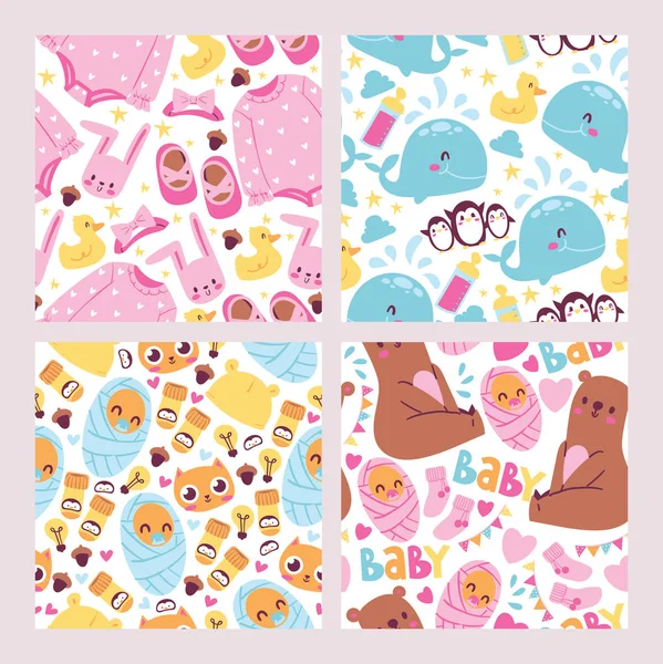 Baby shower seamless pattern set. Cute kids vector illustration. It s a girl, it s a boy. Celebration of delivery or expected birth of a child. Being mother, motherhood background. — Stock Vector