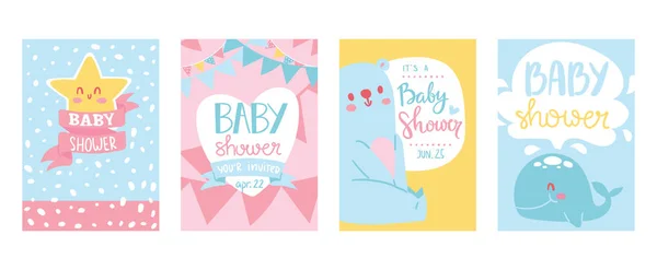 Baby shower cards vector illustration set. Cute invitation cards for newborn boy and girl party. Invitation greeting for babies. Becoming parents. Cartoon whale, star, bear. — Stock Vector