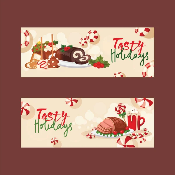 Boże Narodzenie żywności dla wakacje dekoracji xmas słodki uroczystość wektor tradycyjny świąteczny stół rodzinny zima domowe danie mięsne. Sezonowe ozdobny posiłek obiad — Wektor stockowy