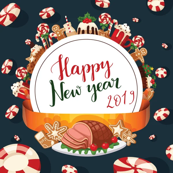 Navidad 2019 Año Nuevo alimentos y postres decoración navideña Navidad dulce celebración vector tradicional festivo pastel de invierno plato casero . — Vector de stock