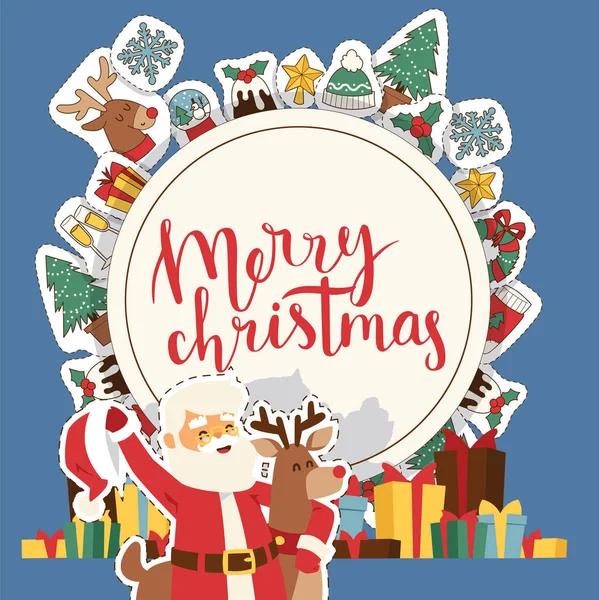 Blahopřání vánoční 2019 šťastný nový rok Santa a šťastné děti dětem kostým vektorové pozadí nápis svátky zimní vánoční ruku remíza blahopřání nový rok plakátu nebo web banner obrázek — Stockový vektor