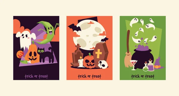 Halloween niños disfraz truco o tratar trajes de fiesta vectorial personajes. Niños pequeños murciélago de Halloween, dulces, fantasmas, zombies niños disfraz divertido dibujos animados niños y niñas carnaval fiesta sitio web banner — Vector de stock