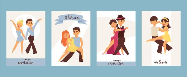 Taneční sál muž a žena, sportovní tance. Tango, valčík, latinskoamerické tance vektorové ilustrace. Taneční studio. — Stockový vektor