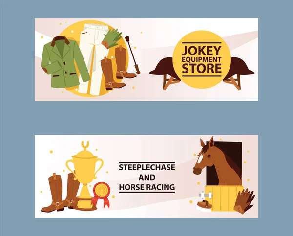 Jockey equipment store banner. Champion in horse racing competition. Clothing for steeplechase, jokey pants, gloves, shorts, jackets, leggings, helmet vector illustration. — Stock Vector