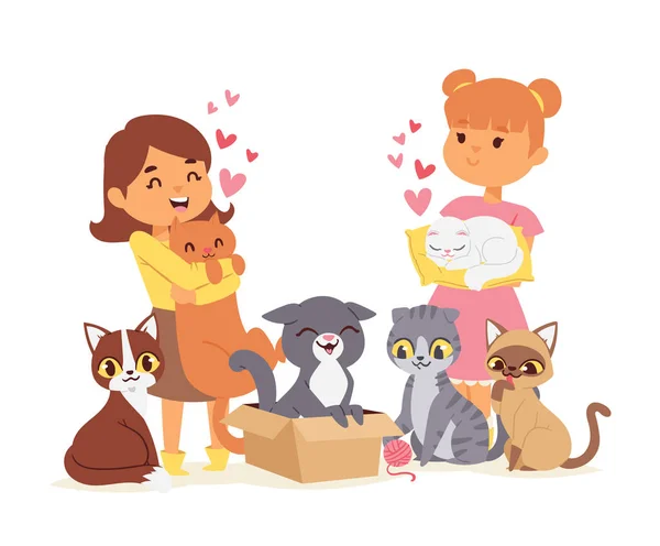 Los niños con mascotas adoptan el concepto de amistad vector ilustración. Amor niño gato adopción . — Archivo Imágenes Vectoriales