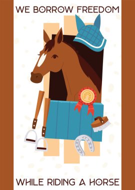 Cartoon jokey banner with horse in stable, equipment for horse riding, stirrup, horseshoe, equine with prize. Vector illustration with text We borrow fredom while riding a horse. clipart