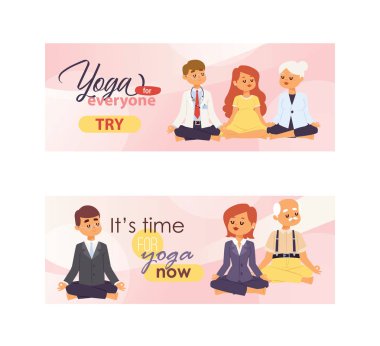 Meditasyon insanlar bütün yaş ve meslek afiş. Hamile kadın, Doktor, ofis çalışanları ve emekliler ile vektör çizimler. Herkes ve bunun için Yoga yoga zamanı.