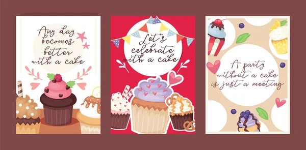 Кекс плакат дизайн пекарни торт десерт карточная векторная иллюстрация. Кексик праздник сладкая вечеринка фоновый дизайн . — стоковый вектор