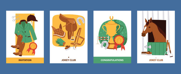 Jokey карты с одеждой для лошадей, сапогами, брюками, шлемом, перчатками, оборудованием для верховой езды. Приглашения и поздравительные открытки для векторной иллюстрации клуба шутки
.