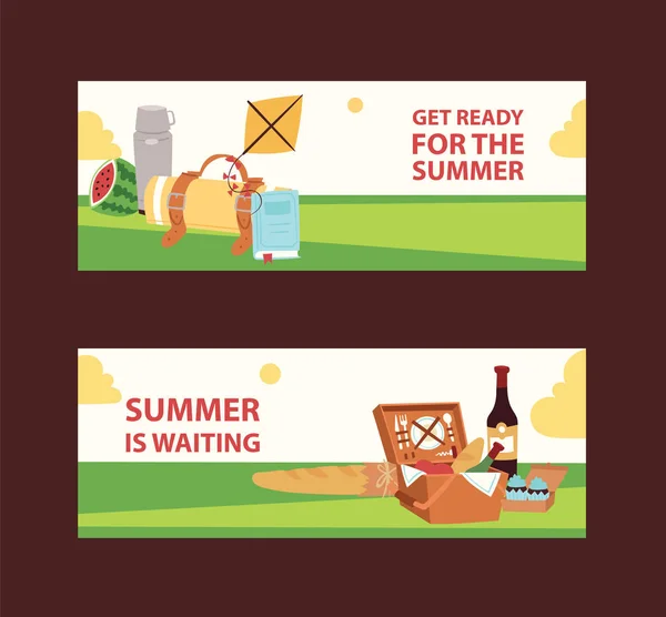 Zomerpicknick in het park op de weide watermalon, taarten, wijn, servetten, platen vector illustratie voor banners. Maak je klaar voor de zomer. Ontspanning op de natuur. Plezier op lucht. Lekkere picknick maaltijd. — Stockvector