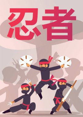 Ninja savaşçı rakipsiz çöp adam karakter çeşitli eylem vektör çizim. Çizgi film savaşçıları farklı silah, karate sopaları, bo, kılıç ile. Ninja kostüm aksesuar seti posteri ile.
