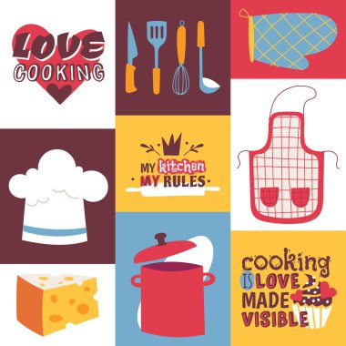 Vektör çizim mutfak aletleri. Pişirme aletleri ve Restoran malzemeleri ve gıda arka plan. Yemek, benim mutfak aşk benim kurallarım. Pişirme görünür hale aşktır.