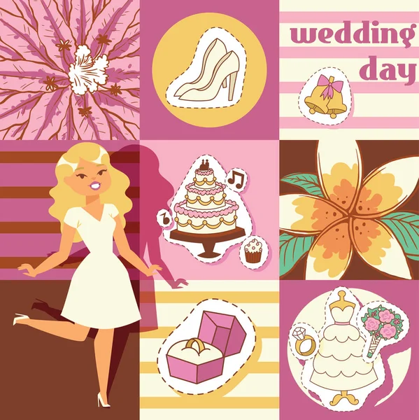 Ilustración del vector de fondo del día de boda. Dibujos animados alegre paseo mujer en espera de la fiesta. Vestido blanco y zapatos. Anillo con diamante. Pasteles y cupcakes . — Vector de stock