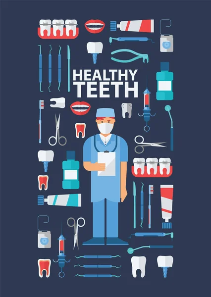 Banner de equipamento odontológico, estomatológico, ilustração vetorial de cartaz. Dentista fardado. Produtos de tecnologia odontológica, ferramentas profissionais, suprimentos médicos. Dentes saudáveis . —  Vetores de Stock