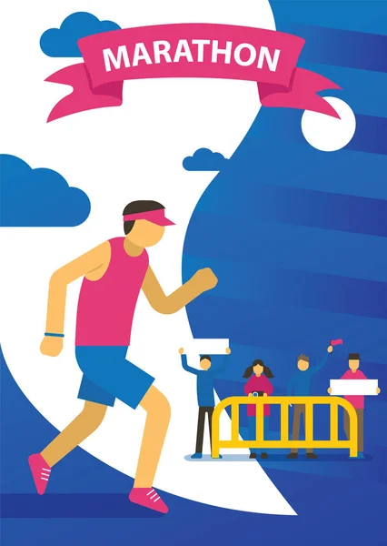 Triathlon track vector illustration. Running marathon, competition. Cartoon running sportsman in sportswear. People supporting athletes. Healthy lifestyle. Fit male character. — Stock Vector