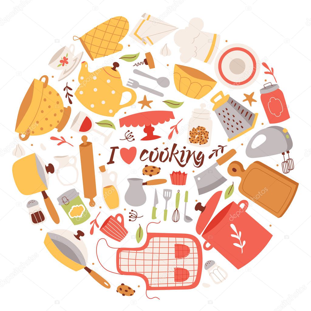 Cooking ingredients and utensils background vector illustration. Cartoon kitchen culinary tableware elements for cooking poster, banner, brochure. I love cooking.
