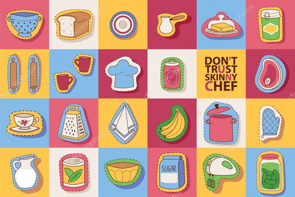 Kitchen utensils and cooking scrapbook stickers, patches, with food and tableware vector illustration. Cartoon elements for preparing dishes. Don t trust skinny chef banner.