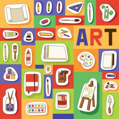 Suluboya boya Fırçalar paleti renk boyalar sanat etiket zemin illüstrasyon sanat resim kümesi için arka plan Sanat stüdyo Dikişsiz desen vektör sanat-okulda sanatçı ile eğitim araçları