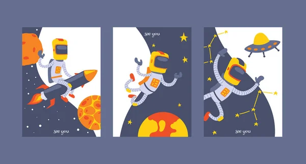 Astronaut vektor kosmonaut spaceman karaktär i rymden kosmos astronomi bakgrund universum galaxy med raket planeter rymdskepp illustration bakgrund banner — Stock vektor