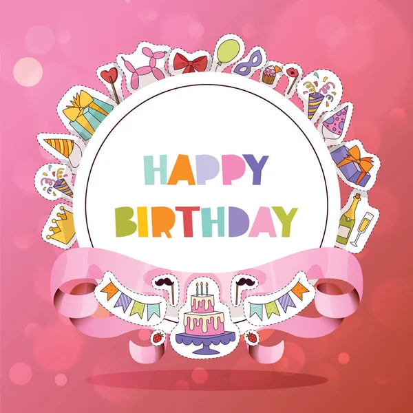 День рождения картина векторный юбилей мультфильм детей счастливого рождения торт или кекс празднование с подарками и именины свечи флаги наклейки фон девушки иллюстрации — стоковый вектор