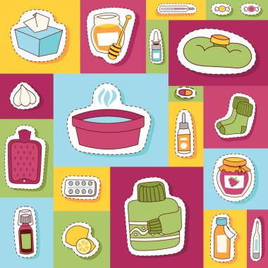 Hastalık ve tıbbi tedavi işaretleri ilaçlar arka plan ile ateş ve hastalık ve hapşırma burun illüstrasyon zemin plakası ile grip Dikişsiz desen vektör hasta karakter kümesi