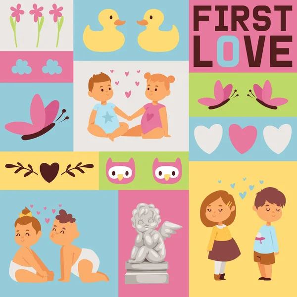 Kids seamless pattern vector children girl boy characters in first love backdrop set cartoon loving baby illustration childhood friendship child playing kissing background card on valentines day — Stock Vector