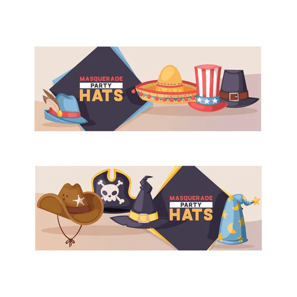 Topi topi kartun topi vektor topi komik untuk karnaval merayakan pesta ulang tahun dengan hiasan kepala atau topi bajak laut latar belakang ilustrasi set penyihir lucu atau koboi tutup kepala latar belakang - Stok Vektor