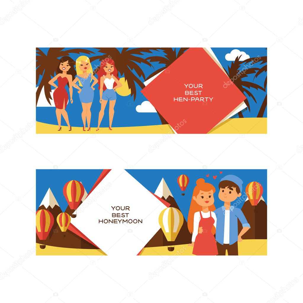 Vacation vector people loving couple character on holidays illustration backdrop set of tropical card with woman man on ocean beach girls party background banner