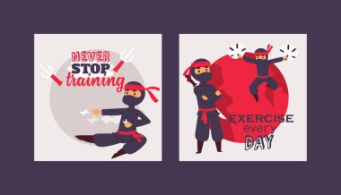 Ninja savaşçı vektör çizim. Çeşitli pozisyonlar poster rakipsiz karakter karikatür. Asla durmak eğitim, günlük kavramı egzersiz. Farklı silahlarla savaşçıları.