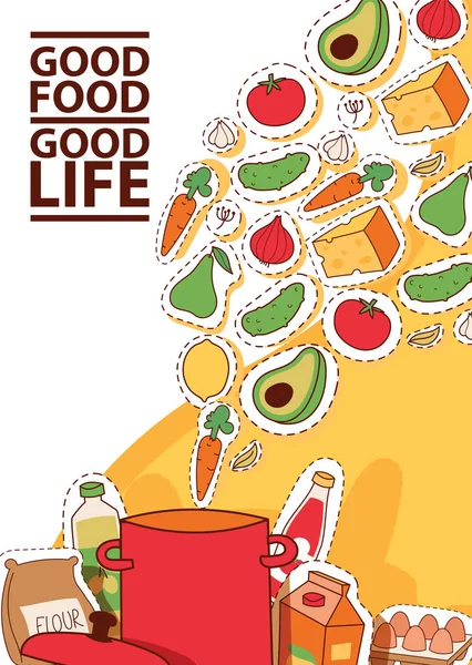 Élelmiszer matricák vektoros illusztráció. Jó étel jó élet koncepció banner szórólap brosúra poszter. — Stock Vector