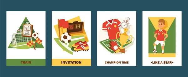 Jeu d'illustrations vectorielles de cartes de football. Invitation au match ou au championnat. Joueur de football professionnel de dessin animé comme une star. Temps de champion pour les gagnants du tournoi . — Image vectorielle