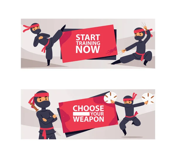 Personagens ninja mostrando diferentes ações ilustração vetorial. Desenhos animados ninja sério com bandeiras de espada. Começa a treinar agora. Escolha a sua arma. Homens segurando paus de karatê . — Vetor de Stock