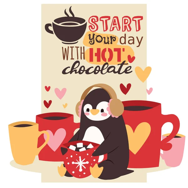 Lindo pingüino de dibujos animados de invierno con taza de bebida caliente con malvaviscos en orejeras ilustración vectorial. Comience su día con el cartel concepto de chocolate caliente . — Archivo Imágenes Vectoriales