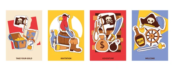 Pirates cartes d'invitation dessins animés patches illustration vectorielle. Pirates équipements et fournitures, trésor, perroquet, ancre, boussole, couteau, corde, épée, carte, tonneau . — Image vectorielle