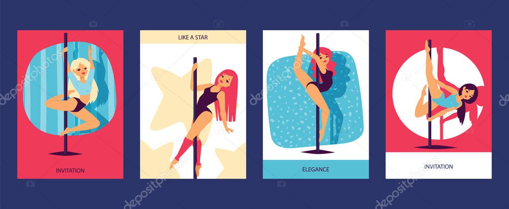 Girls dancing cards easily performing complex dance steps on pylon vector illustration. Beautiful slim girls with pylon. Elegance invitations.