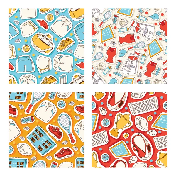 Tennis sport equipment stickers seamless pattern. Supllies for sport game vector illustration. Clothing for sportsmen, T-shirt, skirt, trainers, cap. Tournament. Cup for winner, racket.