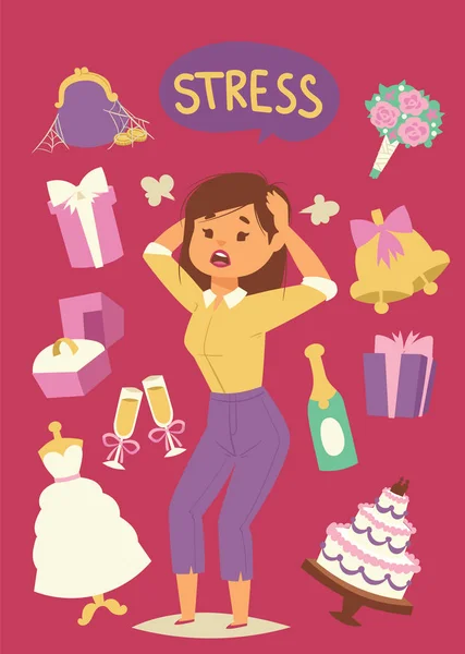 Wedding stress concept. Bride pulling her hair and making a stressful facial expression vector illustration. Nervous woman with headache because of stressors. Time and financial management. — ストックベクタ