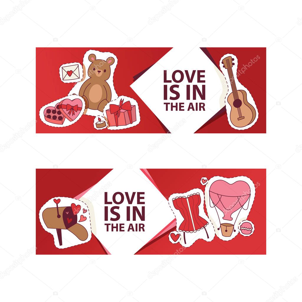 Valentines day vector illustration. Love is in the air banner, poster, flyer, brochure with hearts, bear toys, gifts, sweets, guitar, romantic letter stickers. For lovely couple.