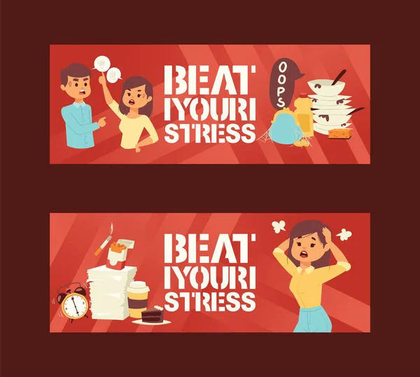 Mental health disorders and work related stress anxiety and depression symptoms icons vector illustration. Beat your stress concept banners. Angry Woman. Furious Girl. Negative Emotions. — Stock Vector