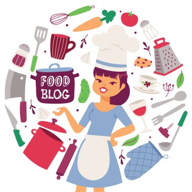 Gıda blog vektör çizim. Pişirme aletleri ve restoran kap ve gıda arka plan. Üniformalı kadın aşçı. Eldiven, rende, kepçe, curlery, pan, oklava, sebze.