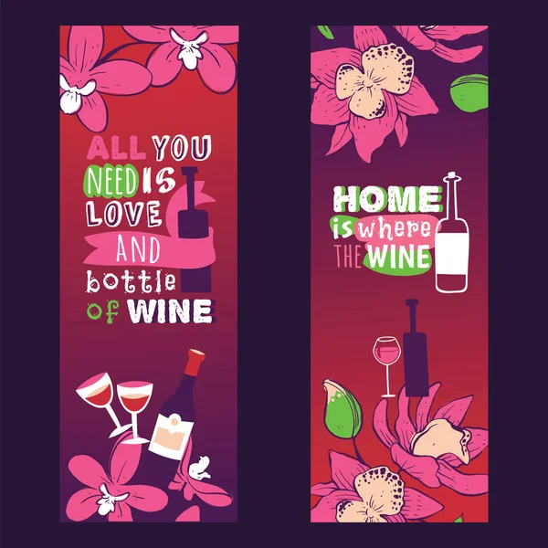 Amante del vino banners vector ilustración. Todo lo que necesitas es amor y botella de vino. El hogar es donde el vino. Pasar tiempo junto con un amigo o amante. Sentirse bien con una copa de vino tinto — Vector de stock