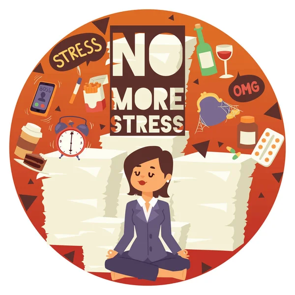 Niet meer stress motivatie achtergrond vectorillustratie. Jonge, kalm, cartoon vrouw sittting en mediteren. Vrouwelijke omringd door verschillende stressoren. Financieel en tijd beheer. — Stockvector