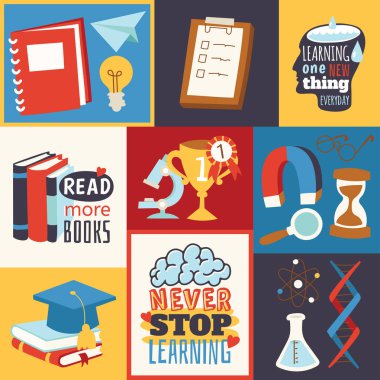 Kavram öğrenme durdurmak asla. Daha fazla kitap okudum. Her gün yeni bir şey öğrenme. Kimya, fizik ve spor öğeleri vektör çizim karikatür. Bilim ekipman. Kitap yığınları.