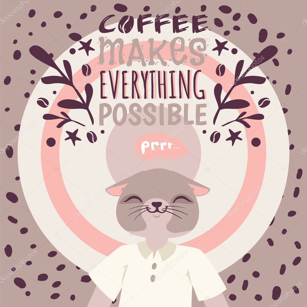 Coffee addiction banner vector illustration. Coffee makes everything possible. Cute cartoon character who loves hot drink. Cat in white T-shirt enjoying coffee surrounded by beans.