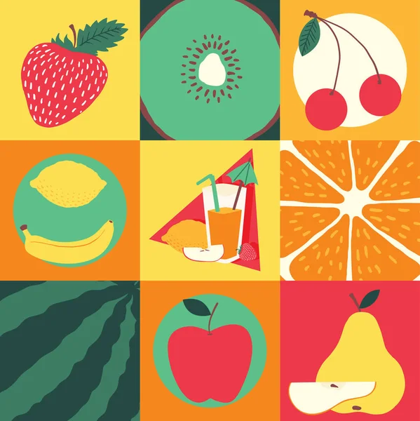 水果图案无缝向量果味背景和富有成效的异国情调的壁纸与西瓜橘子苹果和热带水果的新鲜片例证背景 — 图库矢量图片