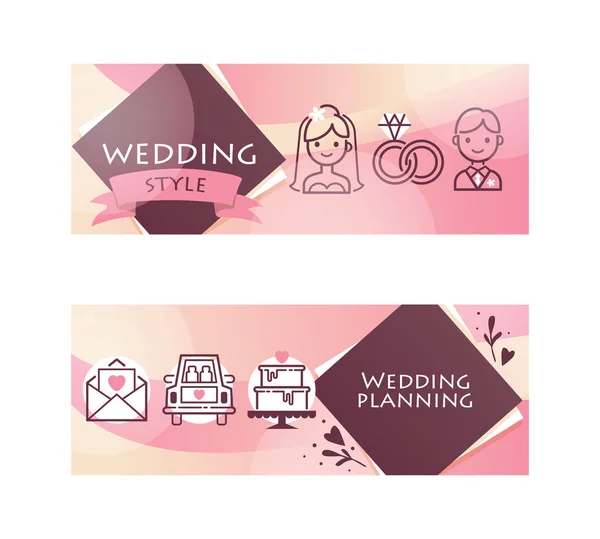 Hochzeitsfeier für frisch verheiratete Paare horizontale Banner setzen Vektor Illustration. Hochzeitsplanung und Stil mit Braut- und Bräutigamsring, Auto, Kuchen, romantischer Brief. — Stockvektor