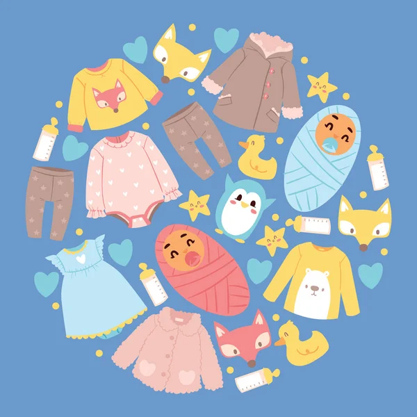 Baby shop vector cartoon kinderen kleding speelgoed pasgeboren kledingstuk en childs kleren Romper jurk kleding voor kinderen reclame winkelen verkoop banner achtergrond afbeelding achtergrond — Stockvector