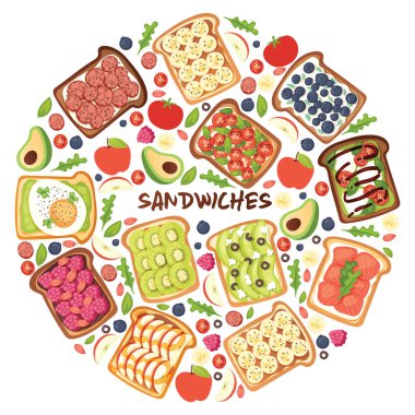 Tost vektör sandviç sağlıklı kahvaltı illüstrasyon zemin dilimlenmiş domates ve kesilmiş sosisler arka plan ile ekmek sebze ve meyve ya da yumurta aperatif yemek tost