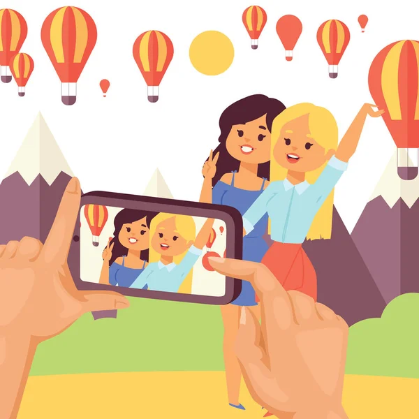 Selfie chica vector hermosa mujer personaje fotografiándose a sí misma en el teléfono inteligente cámara ilustración telón de fondo de la moda femenina niña persona sosteniendo el teléfono móvil para fondo de foto — Archivo Imágenes Vectoriales