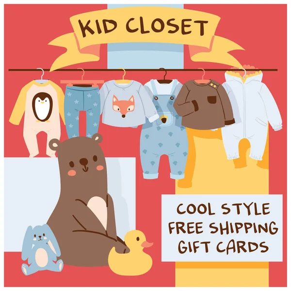 Baby shop vector cartoon kids clothing toys newborn garment childs clothes bodysuit apparel for children advertising shopping sale banner gift card backdrop illustration background — Stock Vector